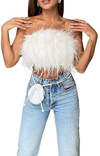 FeMereina Women Feather Crop Tops Fluffy Faux Fur Strapless Sleeveless Tube Top Camisole for Party Festival Club (White#1, S)