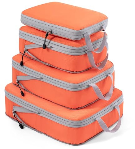 Meowoo 4-Delat Kompressionspackningsset – Compression Packing Cubes – Vattentät Resväskeorganisatör Med Dragkedja (XL, L, 2×M) – Platsbesparande för Handbagage & Resväska (Orange)