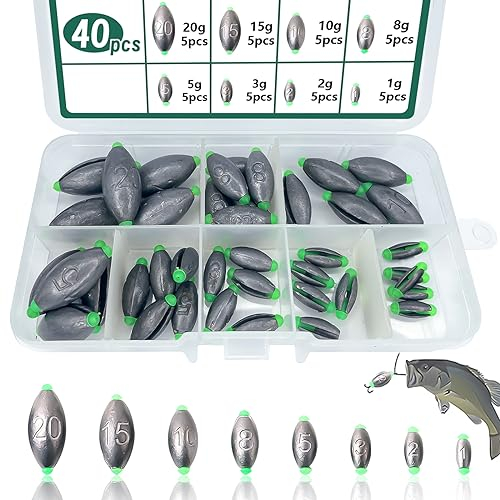 XTUDOU® 40 Stück Laufblei Angeln, Abnehmbare Bleigewichte 1g/ 2g/ 3g/ 5g/ 8g/ 10g/ 15g/ 20g mit Aufbewahrungsbox für Seefischerei, Tiefsee- Und SüßWasserfisch