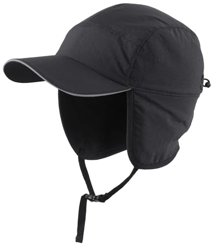 Decentron Mens Winter Hat with Brim Water-Resistant Fleece Earflaps Hat Baseball Trapper Hat Black