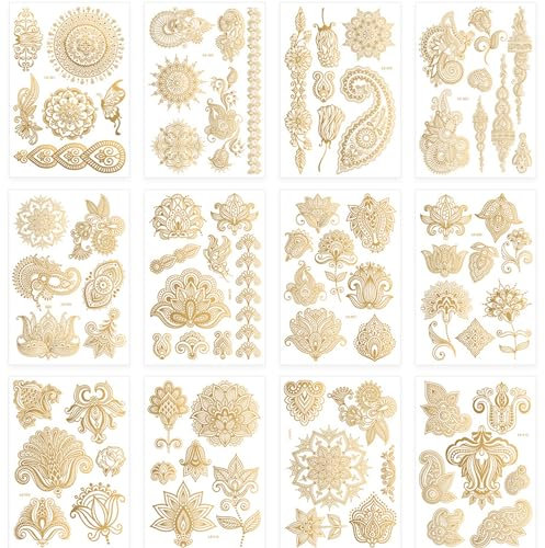 12 Sheets Glitter Gold Temporary Tattoo Stickers, Art Paint For Women Adult Girls, Fake Tattoos That Look Realistic And Long Lasting, Waterproof Fake Tattoo Stickers (Gold)