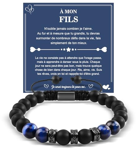 YELUWA Cadeau Pour Fils, Bracelet à Mon Fils, Cadeaux Pour Garçon De Maman, Bracelet De Perles 18e Anniversaire Garçon, Meilleur De Maman Papa Pour Anniversaire Bleu
