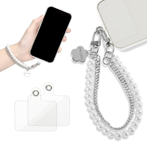 NATOSU Correa de muñeca de perlas de acero inoxidable antipérdida, llaveros, cadenas dobles, correas de mano con 2 correas de sujeción para mujer, llavero para teléfono móvil