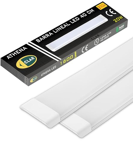 CLAR - Barra LED, Regleta LED, IP20, Para Cocina, Oficina, Taller | Regleta LED 20W 40 cm, 1600 lm, Luz Fría 6500K, Aluminio, Pack de 2 Unidades