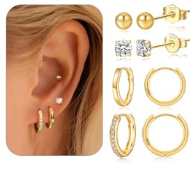JEMARA Silver Earrings Set - Hypoallergenic 14k Gold Plated Hoop Earrings for Women Trendy Small Silver Stud Cartilage Huggie Hoop Earring Sets for Multiple Piercing