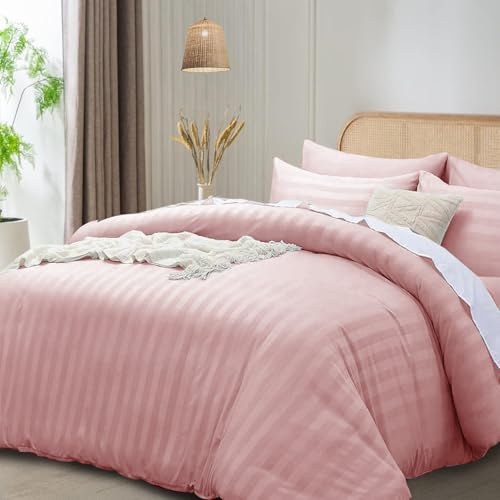 Funky Gadgets Set di Copripiumino per Letto King Size Blush, Set di Biancheria da Letto di Lusso con Copripiumino in Microfibra e Satin a Strisce per Hotel, con Federe, Copripiumini Reversibili e