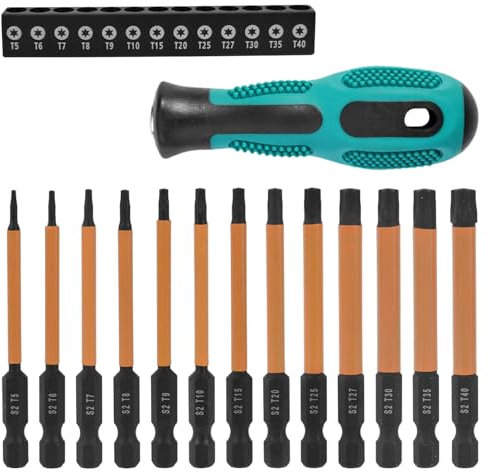 13 Piezas Torx Set, 1/4 Puntas Destornillador con Mango Antideslizante, Acero S2, Magnético, T5 T6 T7 T8 T9 T10 T15 T20 T25 T27 T30 T35 T40, para Destornilladores Inalámbricos (Negro, naranja)