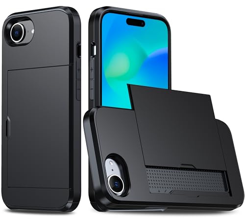 XYZNTMF for iPhone 16e Case Shockproof Case with Card Holder Soft Silicone TPU Bumper Matte Hard PC Shell Heavy Duty Protective Skin Cover Rubber Case for iPhone 16e 2025, Black