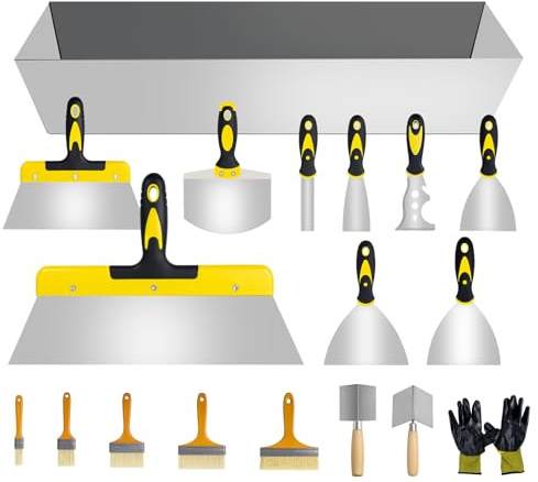 18 pcs Putty Knife Set,Drywall Knife,Espatulas Drywall Kit With Mud Pan,1” 2” 3” 4” 5” 6” Spackle Knife,7” 10” 14” Taping Knives,External Corner Trowel & Internal Corner Trowel,5 Brushes And Gloves