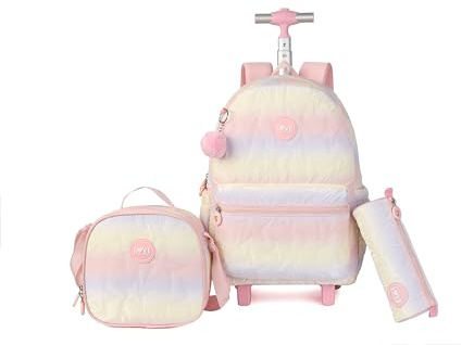kingdisen Cute travelers club blue Rolling Backpack for women with wheels Rolling cart (HEY BLUE), Quilted Pink, M, Leisure, Daily
