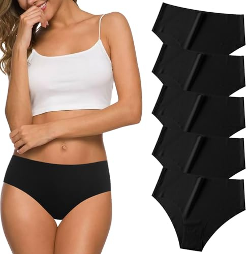 Risipu 5 Pack Seamless Underwear for Women No Show Hipster Bikini Panties Mid Rise Cheeky Breathable Soft Invisible Briefs (UK, Alpha, M, Regular, Regular, Black)