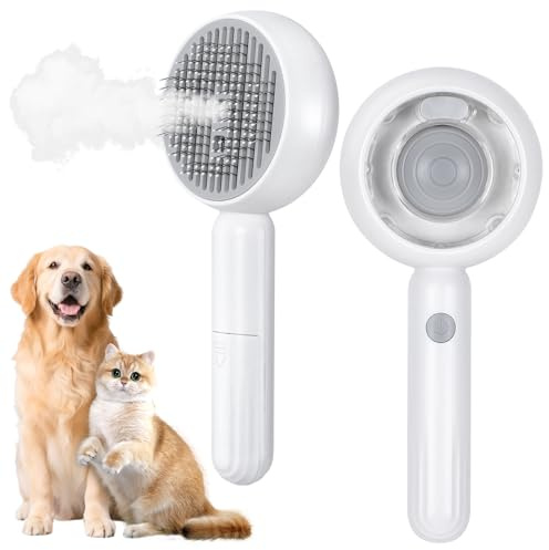 Qoosea Cepillo de Vapor para Gatos Perros 4 en 1 Steamy Cat Brush Multifuncional Cepillo Quitapelos Autolimpiable para Masaje, Cepillar Vapor para Gato Perro de Pelo Corto y Largo, Blanco