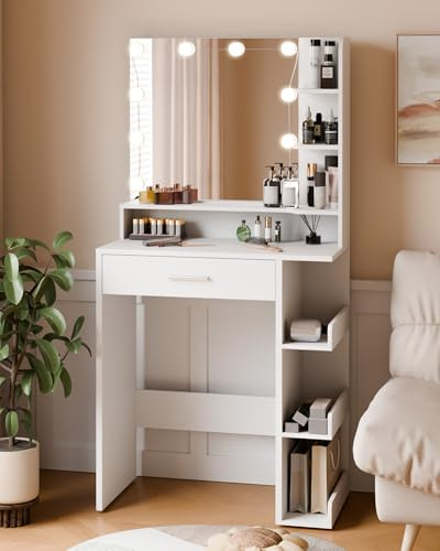 Mondeer Coiffeuse avec Miroir LED et Lumières Réglable, Coiffeuse avec Rangement 7 Étagères et 1 Tiroir, pour Chambre, 67 x 36 x 138 cm, Blanc