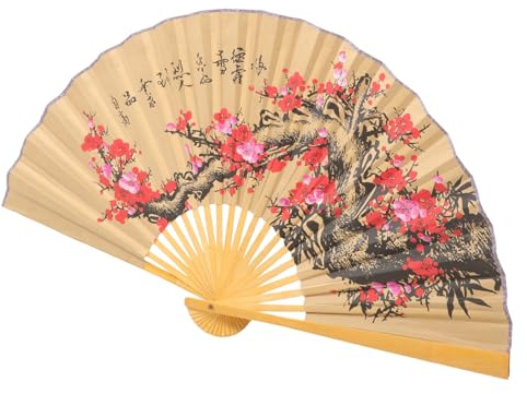BAZEITFLOW Abanico Plegable Oriental Grande 35.43X19.68In Colgante De Pared Con PatróN De Flores Abanico Decorativo Chino De Papel Y Madera Para DecoracióN De Hogar Y Eventos