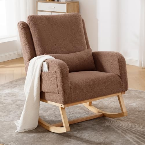 YUUIJOAA Rocking Chair with Armrests, Nursery Chair Comfortable for Children's Room, Living Room, Bedroom, Loadable up to 136KG, Coffee, Wooden Frame