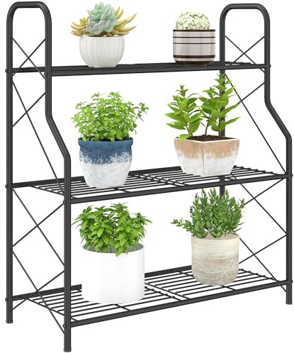 Outsunny 3-Tier Metal Plant Stand, Heavy Duty Ladder Shelf Potted Plants Display Rack with Adjustable Foot Pads, Indoor Outdoor Flower Pot Holder for Garden Balcony Patio