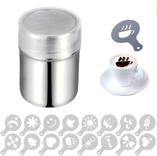 Saupoudreuse Sucre Glace,Saupoudreuse Cacao avec Saupoudreurs de Cacao en Acier avec Couvercle et 16 Pochoirs à Café pour Cacao Epice Poudre Cappuccino Sucre