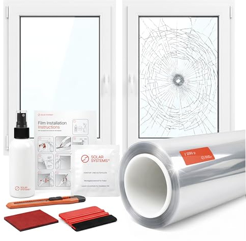 Solar Systems - Pellicola antieffrazione per finestre - Trasparente e autoadesiva - Spessore 8C 250 µm - Classe di sicurezza P1 - Per casa, ufficio - Con filtro UV - 152 cm x 300 cm