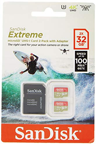 SanDisk Extreme 32 GB microSDhC Memory Card for Action Cameras and Drones with A1 App Performance up to 100 MB/s, Class 10, U3, V30 - Twin Pack