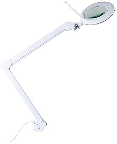 Showlite LL-6095D-Pro LED Lupenleuchte 9W 3/5 Dioptrien (Lupenlampe, dimmbar, 127 mm Linse, 60 SMD LEDs, 1,75/2,25-fache Vergrößerung, Tischklemme) weiß