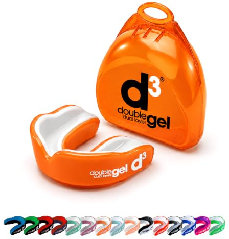 d3 Double Gel Mouthguard wth Case, Adults and Junior Gum Shield for Boxing, MMA, Contact Sports, Rugby, Martial Arts, Judo, Karate, Hockey (Orange/White, Adult (12+))