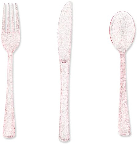 hapray 180PCS Rose Gold Plastic Silverware Set, Disposable Glitter Gold Cutlery, Flatware Set, 60 Forks, 60 Spoons, 60 Knives, Valentine's day Fancy Party Utensils