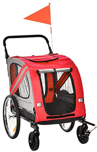 PawHut 2-In-1 Dog Bike Trailer Stroller w/Universal Wheel Reflector Flag Red