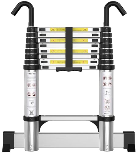 Telescoping Ladder with Hooks 8.5 FT - Aluminum Telescopic Ladder with Stabilizer - Retractable Extension Ladders for Home Loft Roof RV Work with EN131 Certification - 330lbs Max Capacity