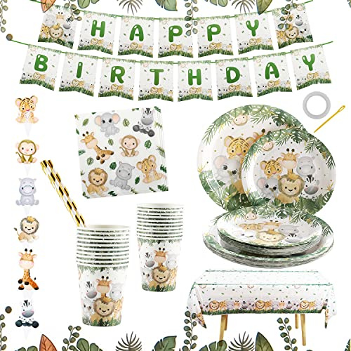 Partyhausy Dschungel Safari Partygeschirr Set,Junge Einweggeschirr Set 126 Stück Papier Teller Tassen Servietten Strohhalme Tischdecke für Wild One Kindergeburtstag Geburtstag Deko Babyparty