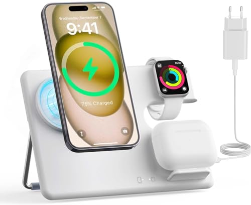 JoyGeek Ladegerät mit MagSafe, 3 in 1 Ladestation für Apple Watch und für iPhone 16/15/14/13/12/Plus/Pro Max, Faltbar Charging Station für iWatch 2-Ultra 2, Wireless Charger für AirPods 2-Pro 2-weiß