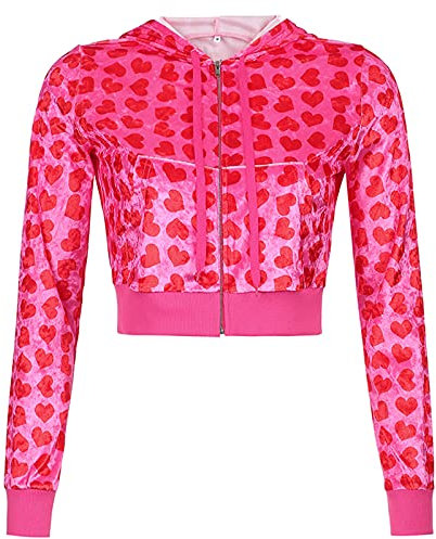 RTGSE Damen Reißverschluss Velvet Hoodies Cropped Heart Print Kapuzenpullover Sweatshirt süße rosa Kurzer Hoodie Mantel 90er Streetwear (A Pink, S)