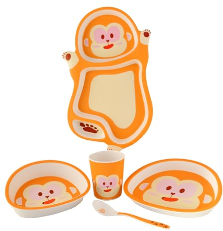 Tablett und Teller für Babys und Kleinkinder in Tierform - Kindergeschirr-Set - Pack mit 3 Tellern + Becher und Best (Brötchen)