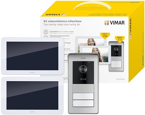 VIMAR K42936 Videosprechenalagen-Set enthält Freisprech-Touchscreen-Videohaustelefon LCD 7in, 2-Taste RFID-Klingeltableau mit Regenschutz, DIN Netzgerät, 2 Familien