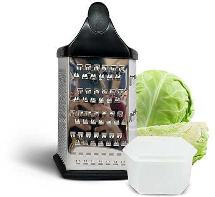 Title: PRIMES Cheese Grater with Container 6-Sided Hand, Zester Ideal for Grating Slicing Zesting and Shredding for Coarse, Medium, Fine, Micro-Grating- Includes Fitted Measuring Container & Lid