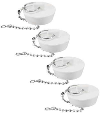 QUARKZMAN 4 Piezas Tapones para Bañera de Goma de 1-3/8 a 1-1/2 Tapón de Desagüe de Fregadero de Cocina de Baño con Anilla de Extracción y Cadena de Cuentas de 15 Blanco