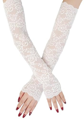 Lufdegim Spitzenhandschuhe Fingerlose Lange Netz Handschuhe Frauen 1920er Vintage Spitze Armabdeckung Kostüm Tee Party Hochzeitsfeier Dating Abend Zubehör (Weiß)