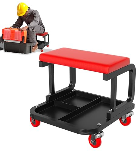 Froadp Sgabello da officina con ruote e ripiano, in PP e ferro, per officina, garage, riparazione auto e macchine, portata fino a 150 kg (rettangolare)