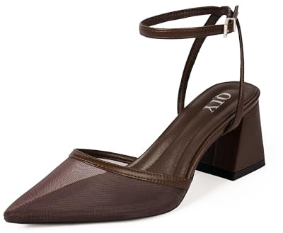 QIY Block Heels for Women Closed Toe Brown Heels Women Pointed Toe Chocolate Brown Strappy Mesh Heel Pointy Sling Back Slingback Low Short Chunky Heel Wedding Dress Shoes Womens Pumps Size 9.5