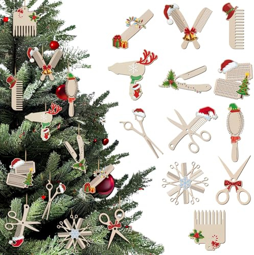 Syhood 36 Pcs Hairdresser Christmas Ornaments Barber Hair Salon Christmas Tree Wood Hanging Ornaments Decoration Xmas Holiday Hairstylist Gifts for Women & Men, 12 Styles