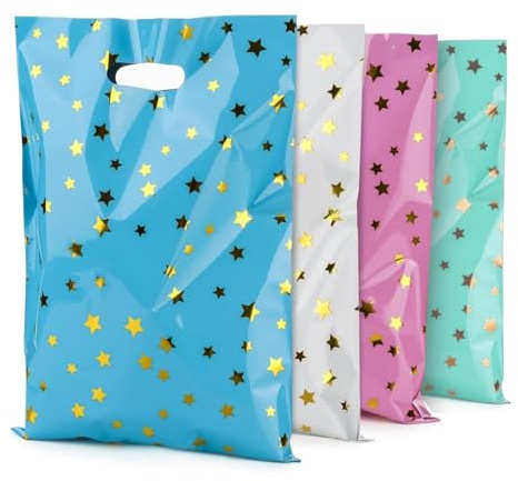 40pcs Small Plastic Party Bags with Handles, Reusable Gift Sacks in 4 Colours, Ideal Goodie Bags for Birthdays, Halloween, Weddings and Party Favours（Blue+Green+Pink+White）