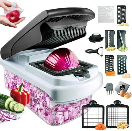 Makenrry Mandolina de Cocina,Cortador de Verduras 16 en 1, Picador de Verduras Multifuncional con Cuchillas Intercambiables, Corta Verduras Manual para Cocina, Mandolina para Cortes Rápidos y Eficaces