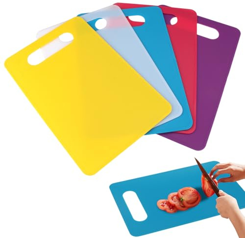 5 Stück Farbiges Schneidebrett Set, 29 × 19 cm Frühstücksbrettchen Kunststoff, 5 Farben Brettchen Spülmaschinenfest, BPA-Frei, Rutschfest Schneidebrett Klein für Fisch Gemüse Obst Fleisch Brot