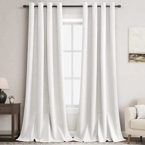 100% Blackout Linen Curtains for Bedroom Thermal Insulated Grommet Complete Blackout Drapes 96 Inch Length 2 Panels Set Heat and Full Light Blocking Living Room Darkening Curtain Beige White 52X96