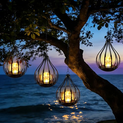 KagoLing Farolillos Solares Exterior, 4 Piezas Lamparas Solares Exterior Jardin, Luces Solares Metálicas Suspendidas Impermeables, Decoracion Jardin Exterior, Aptas para Balcones, Patios y Terrazas