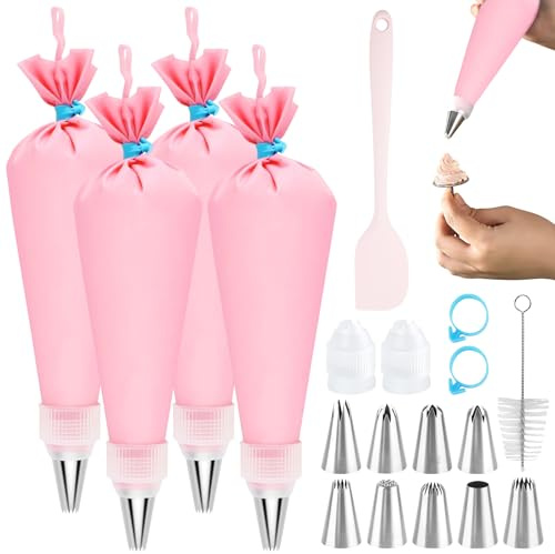 ZOCONE Set di 19 sac à poche e beccucci, 9 beccucci in acciaio inox, 4 sac à poche rosa da 30,5 cm, riutilizzabili, con spazzola per la pulizia, cinghia, raschietto, set completo di strumenti per