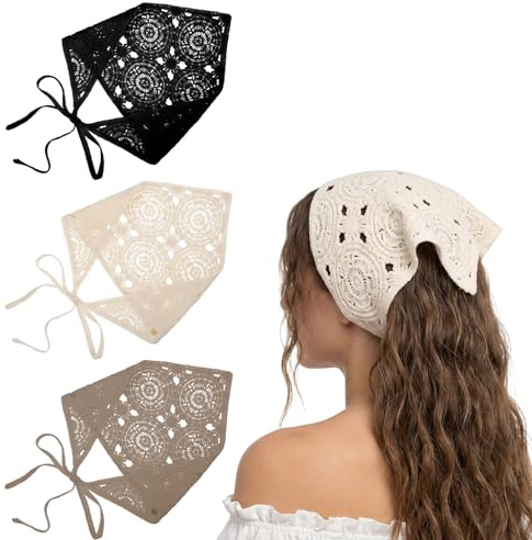 Sorcristy Crochet Head Scarf, 3 Pack Floral Hair Bandanas Daisy Headscarf Women Hair Scarf Vintage Headband for Spring and Summer