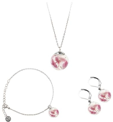 Gioielli Botanici® Parure Donna | Collana Maglie Elegance + Bracciale + Orecchini con Fiori Veri Essiccati in Ampolla di Vetro | Acciaio Inox AISI 316 | Made Italy (Hanami)