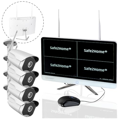 Safe2Home Videoüberwachung Set Funk 1TB 8 Kanal - Rekorder Festplatte 4X Full HD Cam + Monitor - Nachtsicht Überwachungskamera mit Bewegungserkennung und Aufzeichnungkabellos innen außen