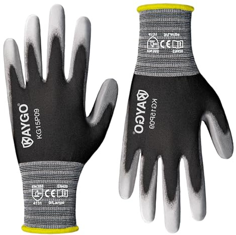 KAYGO Ultra Thin PU Coated Safety Work Gloves, 12 Pairs Nylon Knit, High Dexterity Anti-Slip Breathable Light Duty Gloves for Precision, Warehouse, DIY & Electronics (L,Gray)