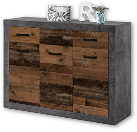 Stella Trading INDIANA Vintage Sideboard in Old Wood Optik, Betonoxid - rustikale Retro Kommode mit viel Stauraum für Ihren Wohnbereich - 117 x 90 x 37 cm (B/H/T)